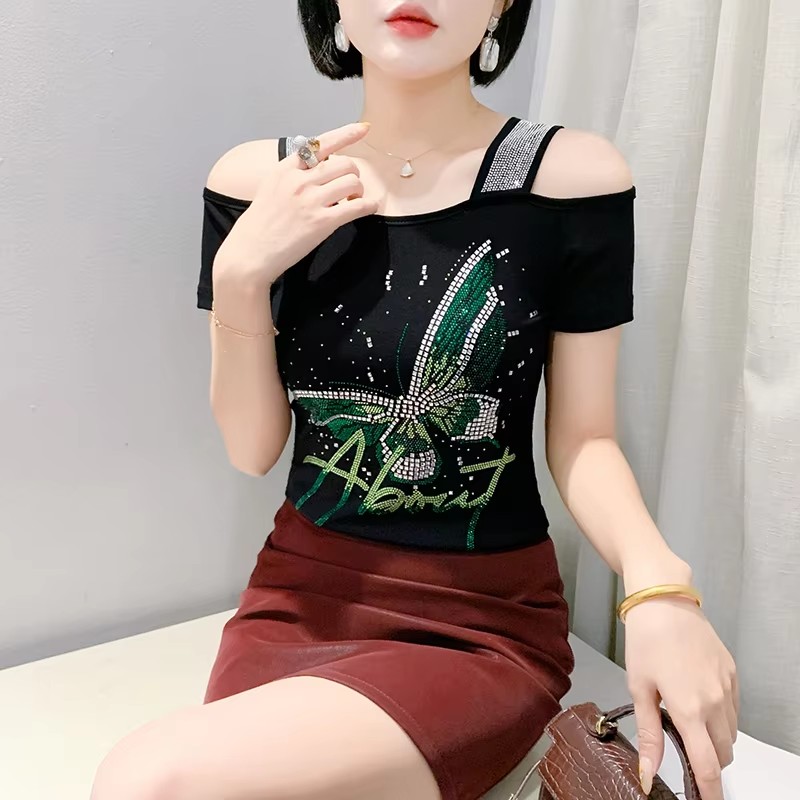 Streetwear Brand With Butterfly - 女性用バタフライダイヤモンドTシャツ,エレガントなデザイン,半袖スリング,高級Tシャツ,女性用シャツ,ストリートウェアブランド,新品
