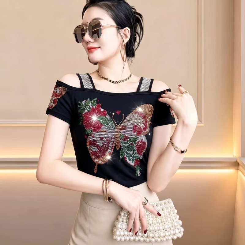 Streetwear Brand With Butterfly - ストリートウェアブランド バタフライ オフショルダー レディース セクシーTシャツ ラグジュアリー